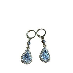 Goldtone Leverback Hoop Dangle Earrings Clear Rhinestones Teardrop 1 inch